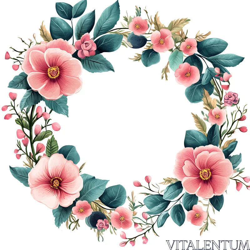 Pink Flower Wreath with Green Foliage AI Image