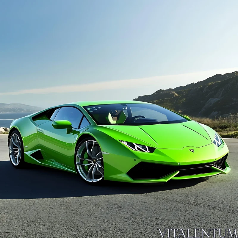 Emerald Green Supercar Parked on a Mountain Road AI Image