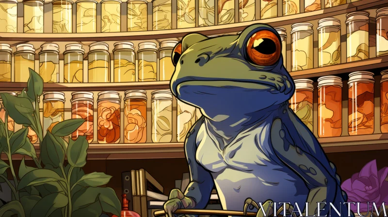 Artistic Representation of Frog Amidst Potions in Graphic Novel Style AI Image