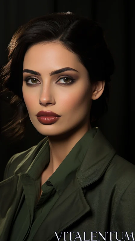 AI ART Captivating Female Model in Green Jacket with Red Eyes | Timeless Beauty