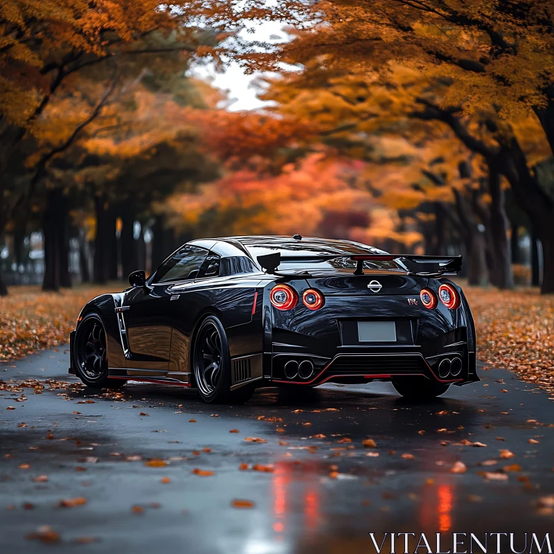 Luxury Black Car Amidst Fall Foliage AI Image