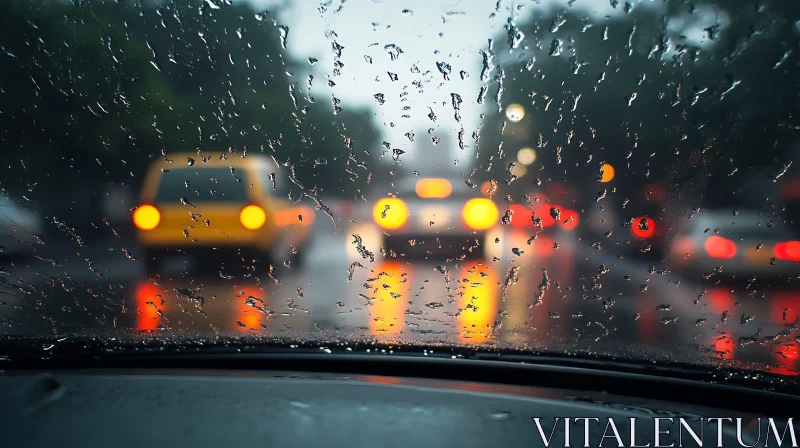 Car View on a Rainy Day in Traffic AI Image