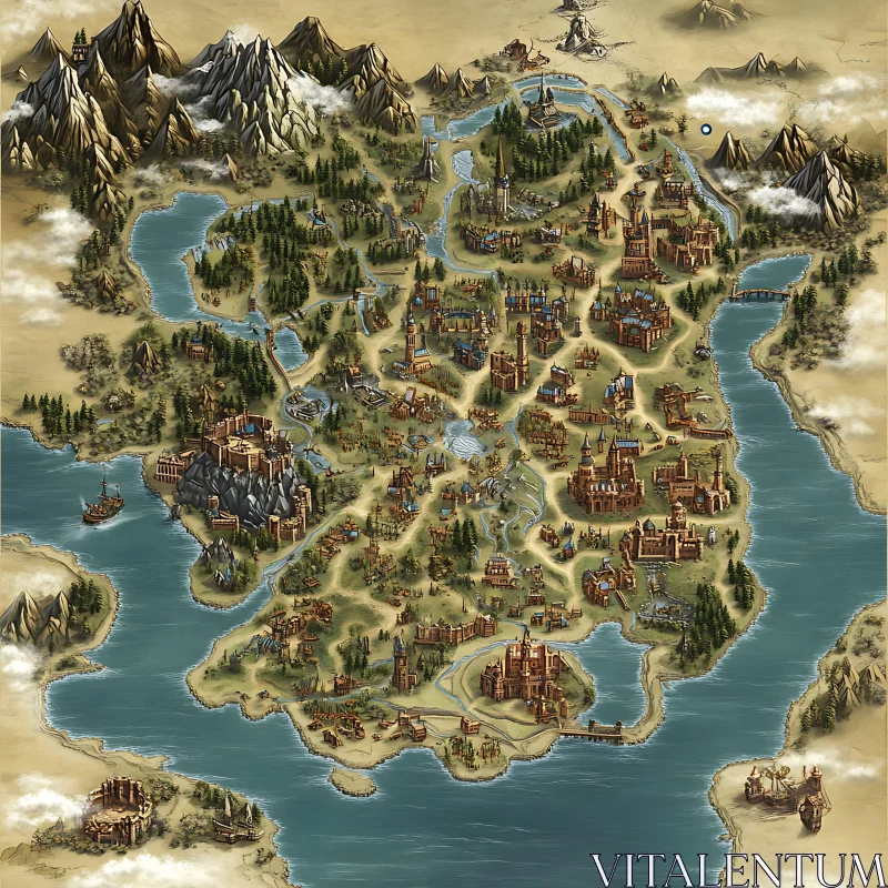 Detailed Fantasy Map of a Medieval Island AI Image