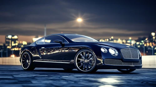 Black Luxury Car with City Lights Reflection