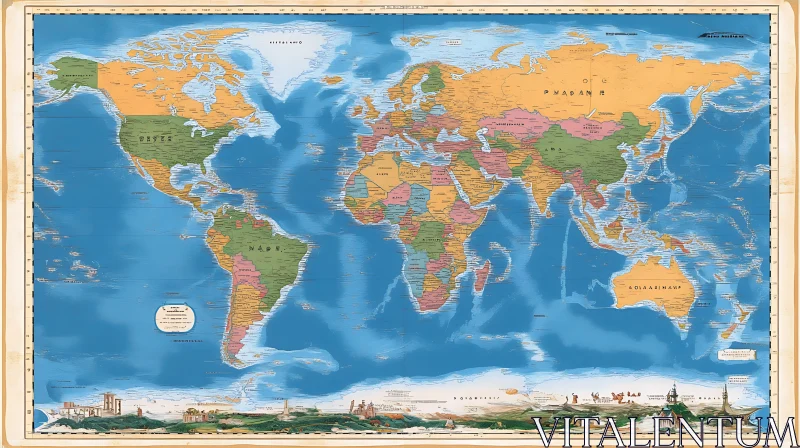 Antique Styled World Map Featuring Countries and Continents AI Image