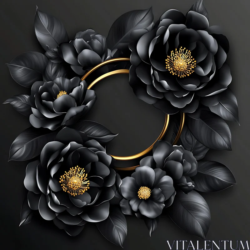 AI ART Modern Botanical Art: Black Flowers and Golden Rings