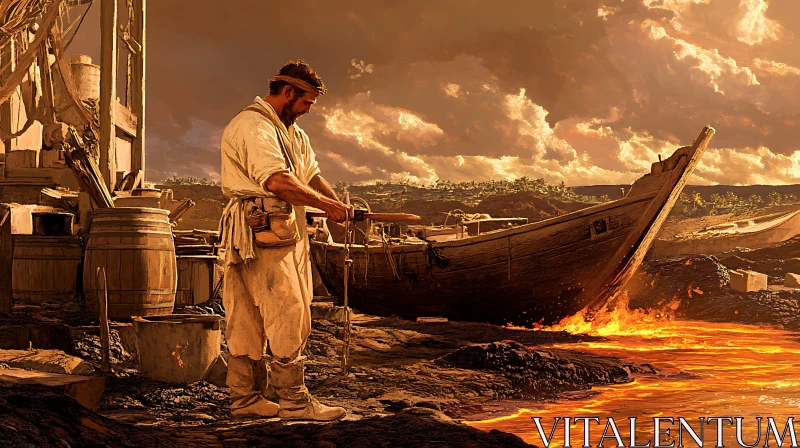 Worker and Boat Near Lava River at Sunset AI Image