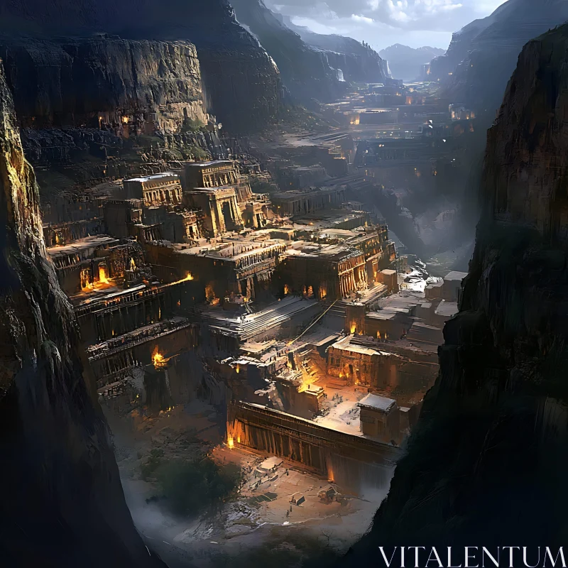 Firelit Ancient Ruins in a Canyon AI Image