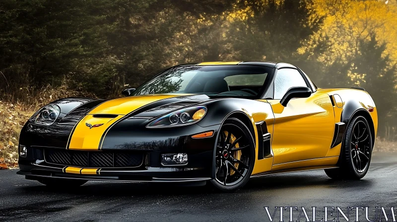 Yellow and Black Sports Car on Autumn Road AI Image