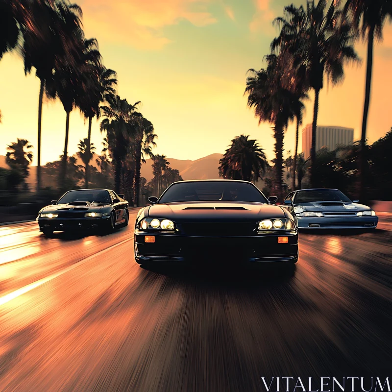 Fast Cars Racing in the Sunset AI Image