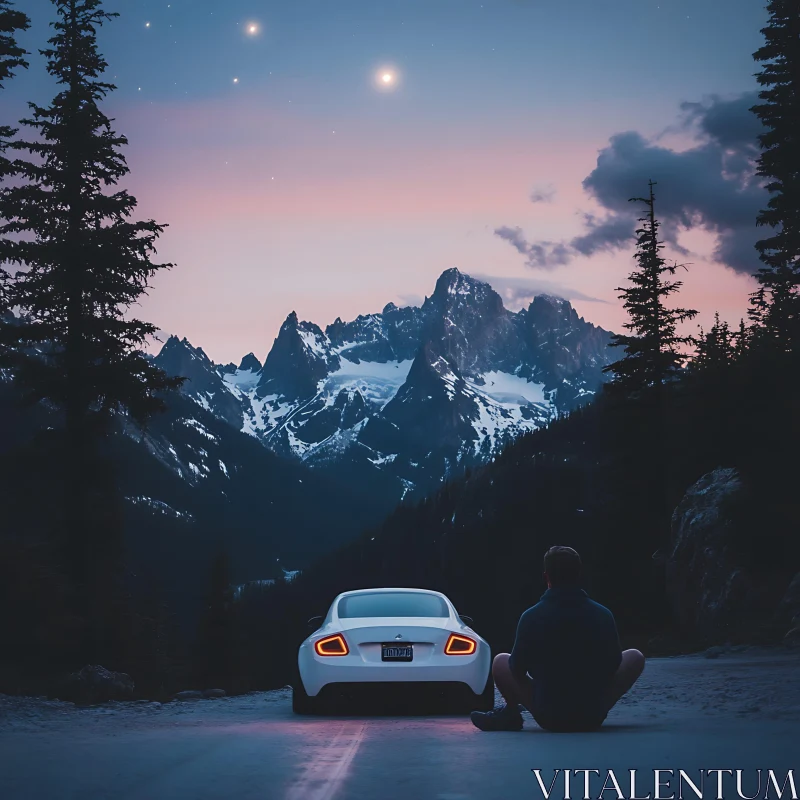 Peaceful Evening in the Mountains with Car and Stars AI Image