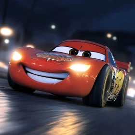 Smiling Animated Race Car in Night Scene