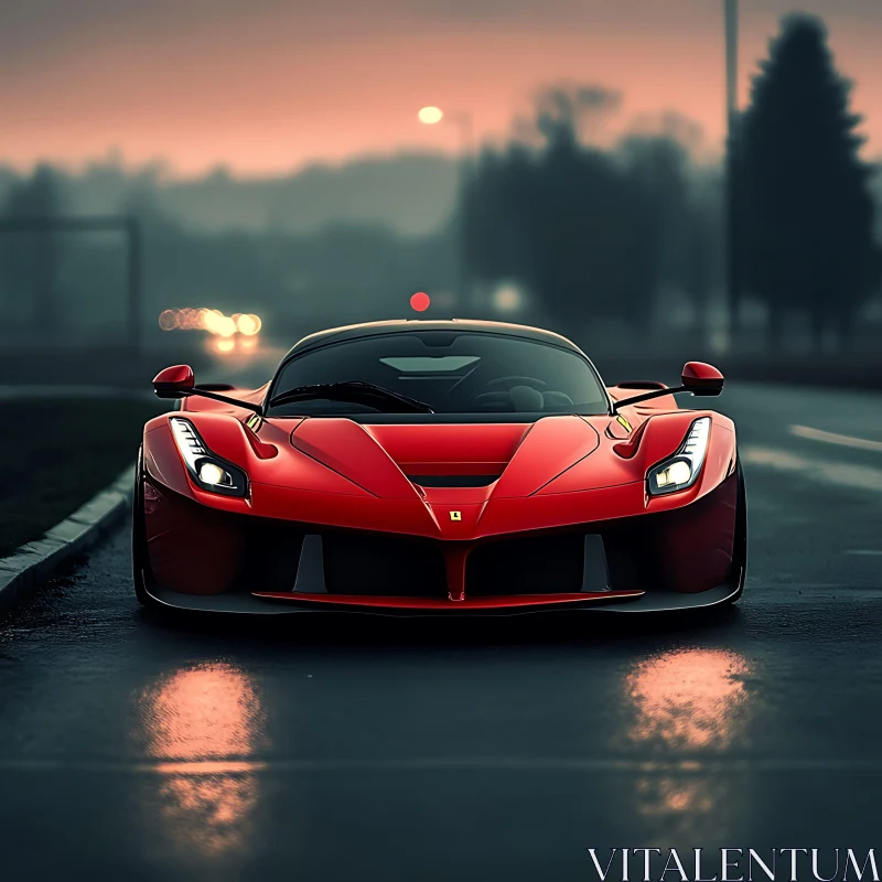 Red Sports Car Headlights On at Dusk AI Image