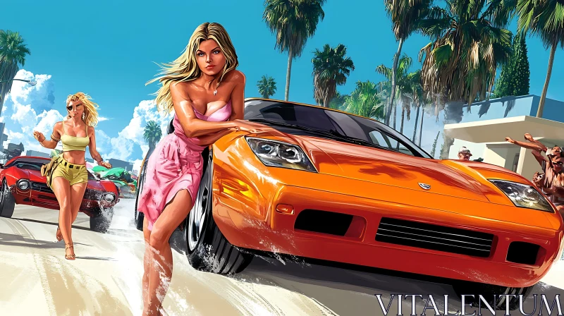 AI ART Tropical Beach Scene with Fast Cars and Action