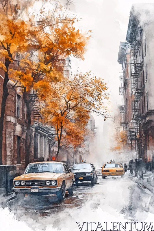 Cityscape in Autumn Watercolor AI Image