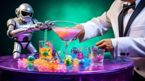 Robot Bartender in Mesmerizing Colorful Bar Scene