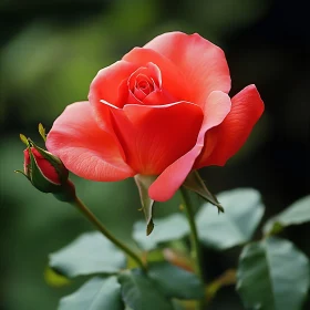 Red Rose and Bud in Full Bloom