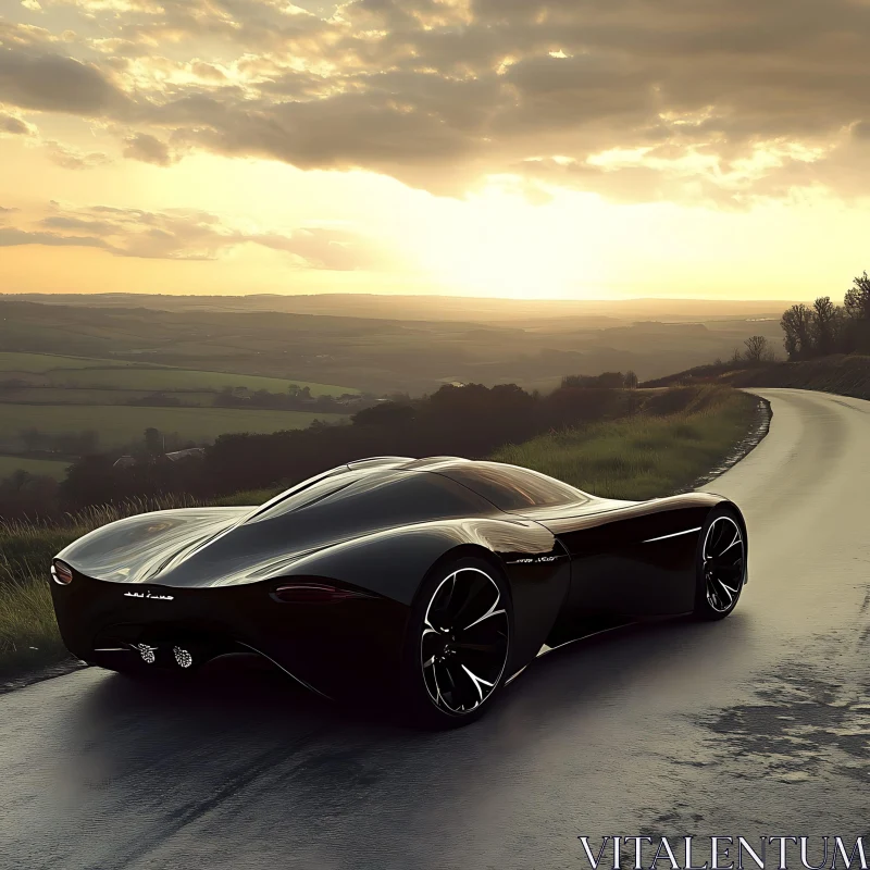 Sleek Black Car on Country Road During Sunset AI Image