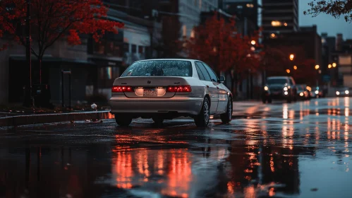 Urban Night Scene with Reflective Wet Pavement and Parked Car