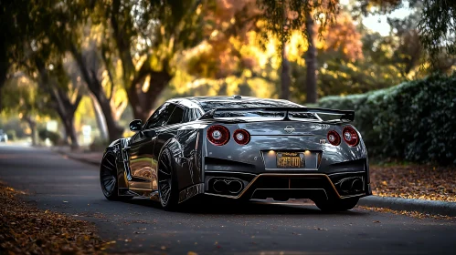 Black Sports Car on a Leaf-Covered Street