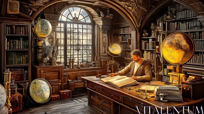 Antique Library with Ornate Wooden Desk AI Image