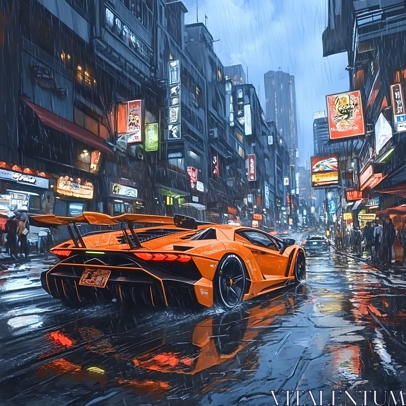 Orange Supercar in Neon-Lit Rainy Urban Landscape AI Image