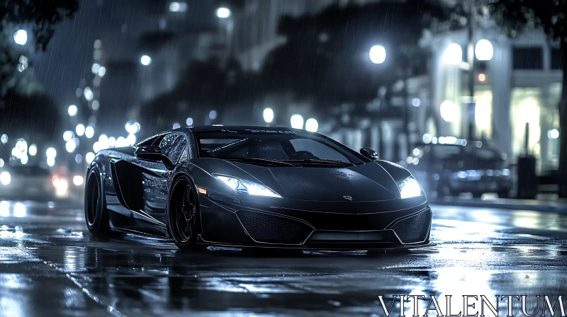 Luxury Sports Car in Rainy Urban Setting AI Image