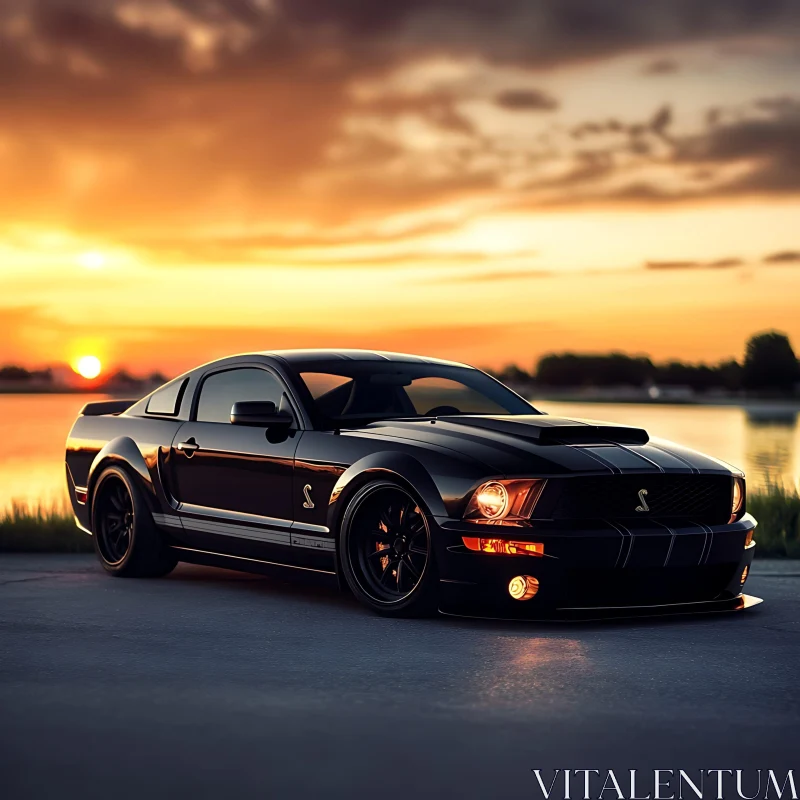 Black Sports Car at Sunset Near a Lake AI Image