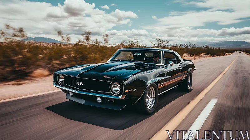 Vintage Black Muscle Car Cruising the Open Road AI Image