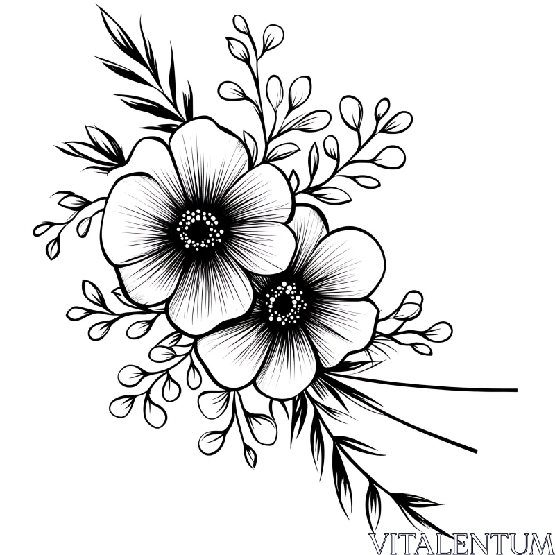 Intricate Flower Drawing with Foliage AI Image