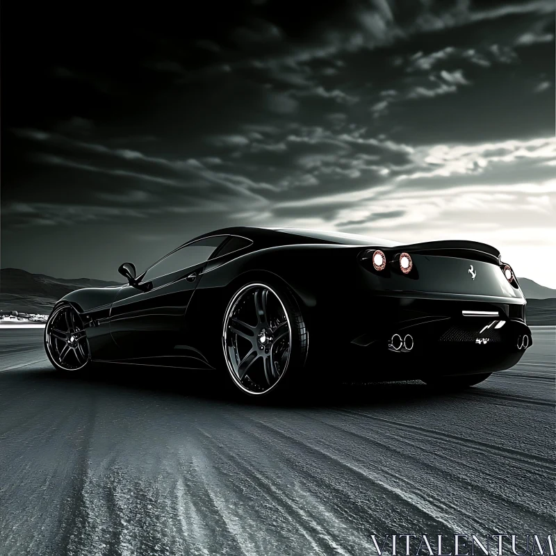 Luxury Black Car in a Barren Night Landscape AI Image