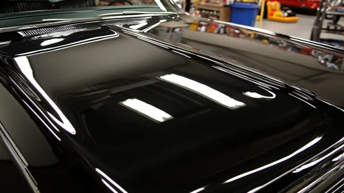 Shiny Black Car Hood in Automotive Workshop