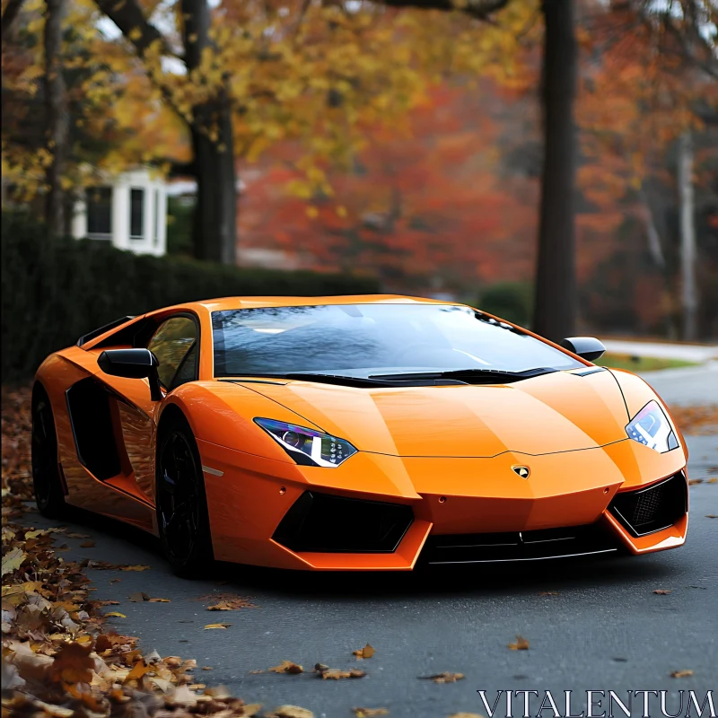 Luxurious Orange Supercar Amidst Autumn Colors AI Image