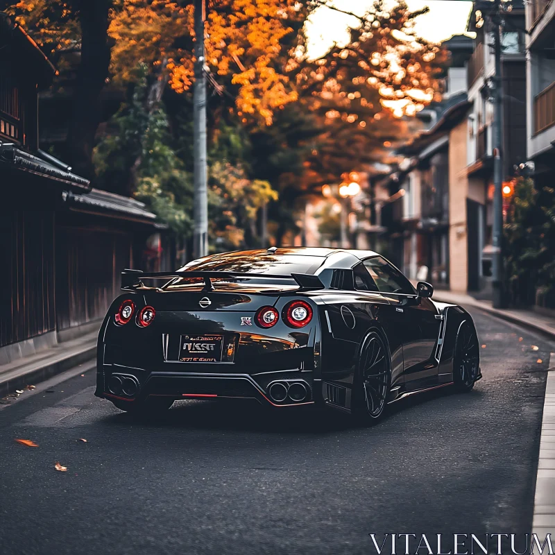 Black Sports Car Amidst Urban Autumn Ambiance AI Image