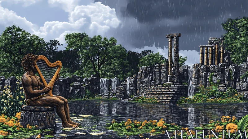 Harp Melody in Ancient Ruins AI Image