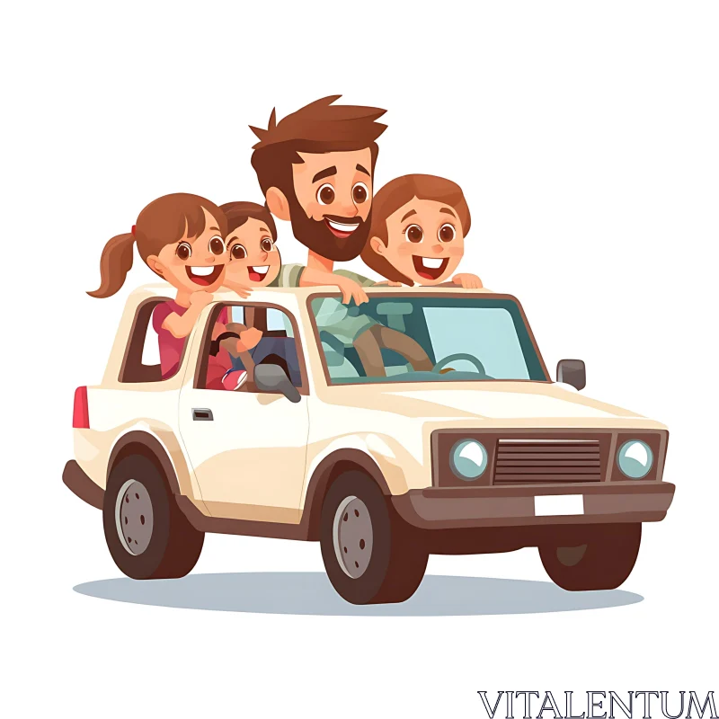 Cheerful Family Road Trip Illustration in Cartoon Style AI Image