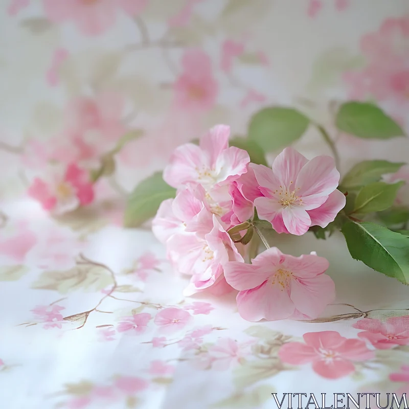 Gentle Pink Blossoms with Green Leaves AI Image