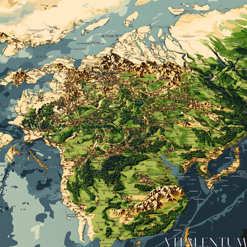 Detailed Cartographic Landscape with Mountains and Forests AI Image