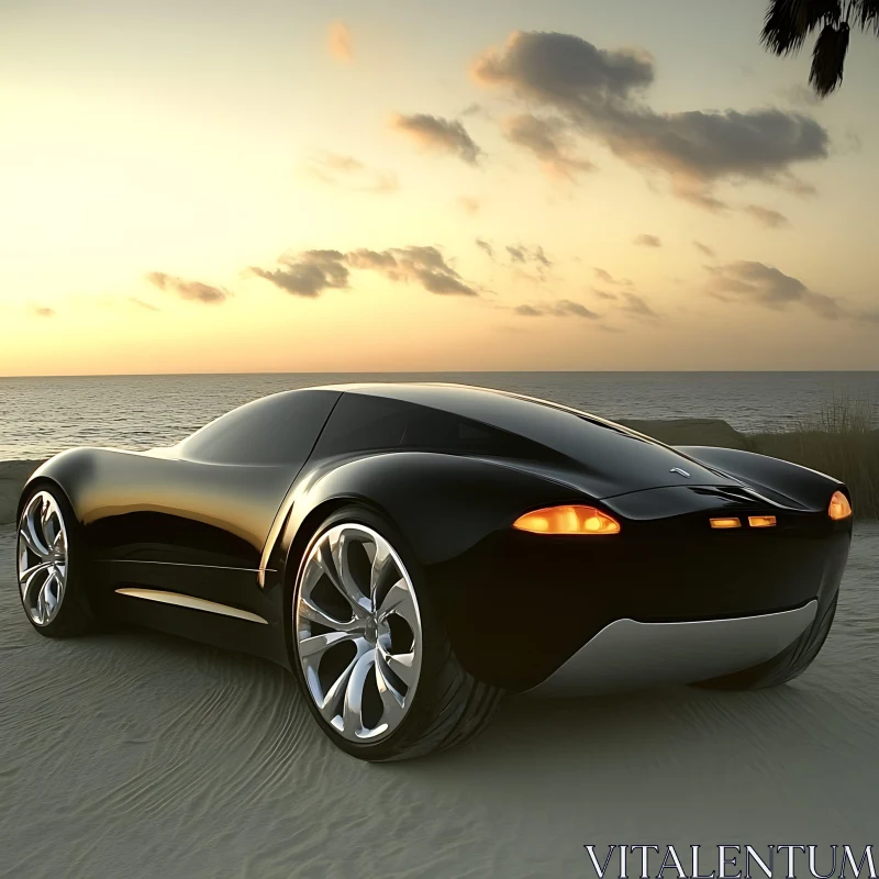 Sleek Black Car by the Sea AI Image