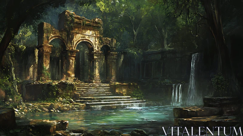 Ancient Ruins in Enchanted Forest with Waterfall AI Image