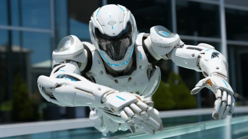 Cybernetic Elegance: White Robot Poised on Ledge
