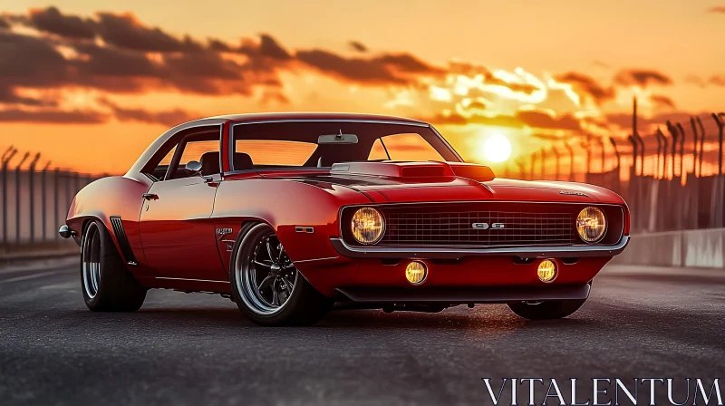 Red Vintage Car at Sunset AI Image