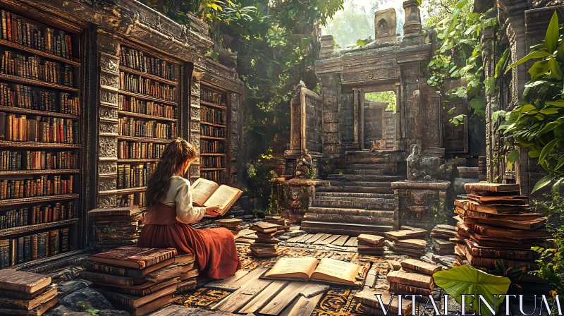 Ruined Library with Aged Books and Enigmatic Aura AI Image