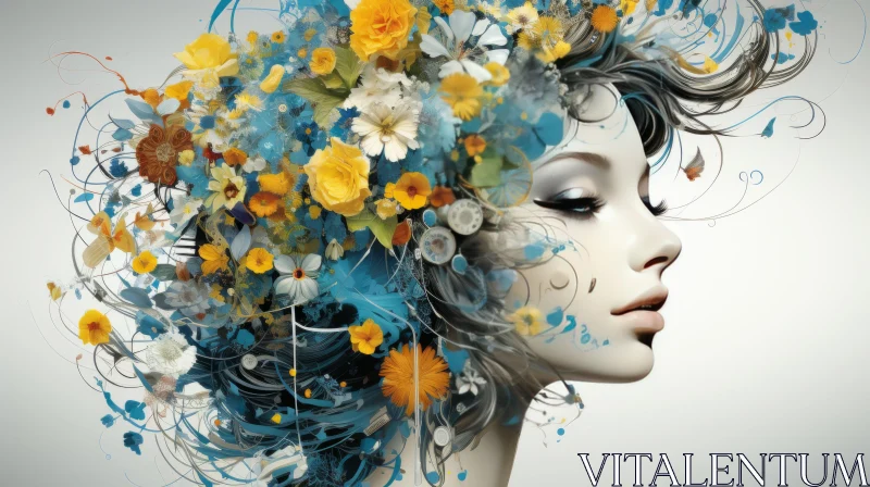 Floral Adorned Woman in Aquamarine and Yellow - Artistic Display AI Image