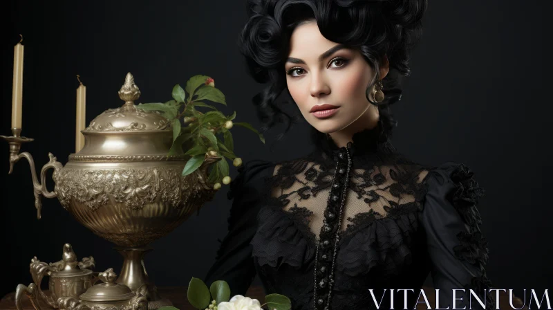 Victorian Gothic Woman in Traditional Attire: A Chiaroscuro Portraiture AI Image
