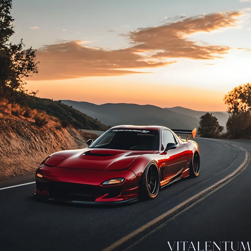 Sleek Red Car during Sunset Drive AI Image