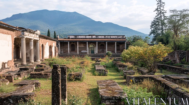 Historic Stone Structures with Mountainous Background AI Image