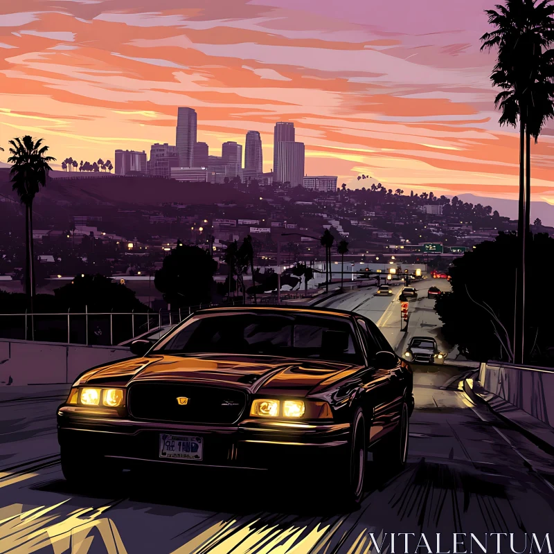 Car Cruising at Sunset in the City AI Image