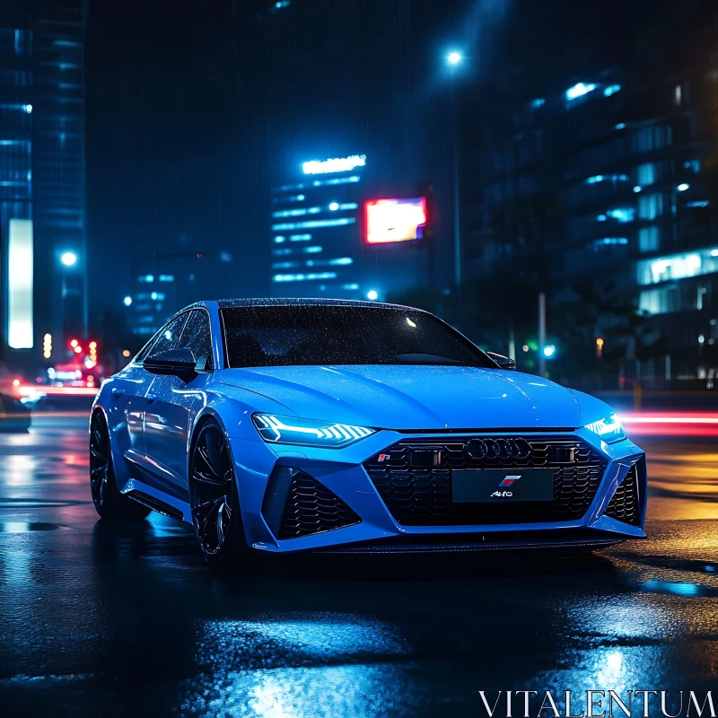 Rain-Soaked Pavement with Illuminated Blue Sports Car AI Image