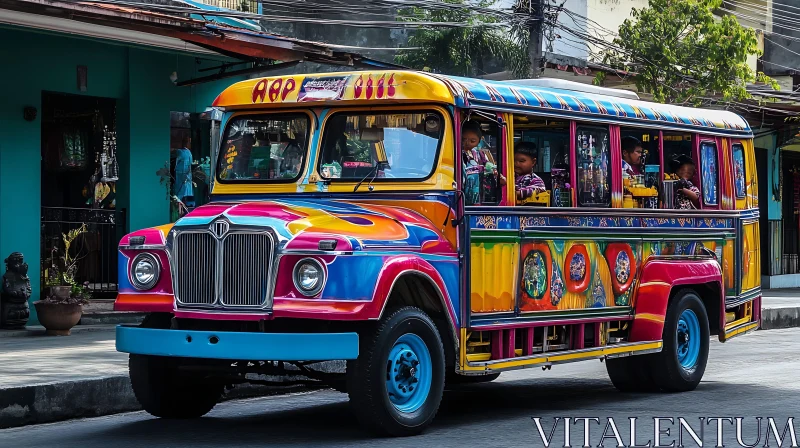 Colorful Painted Urban Bus Full of Children AI Image